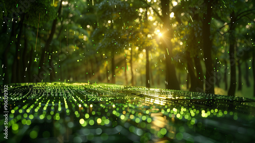 Digital forest with green matrix binary code symbolizing environmental concept