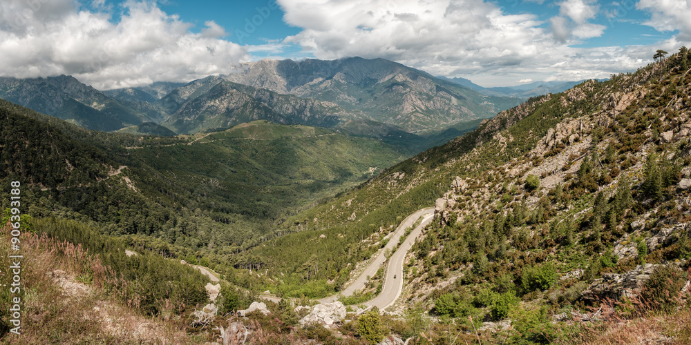 Naklejka premium A motorcycle passes along the winding D69 road though the forests and mountains of the interior of the Mediterranean island of Corsica near Bocca di Sorba