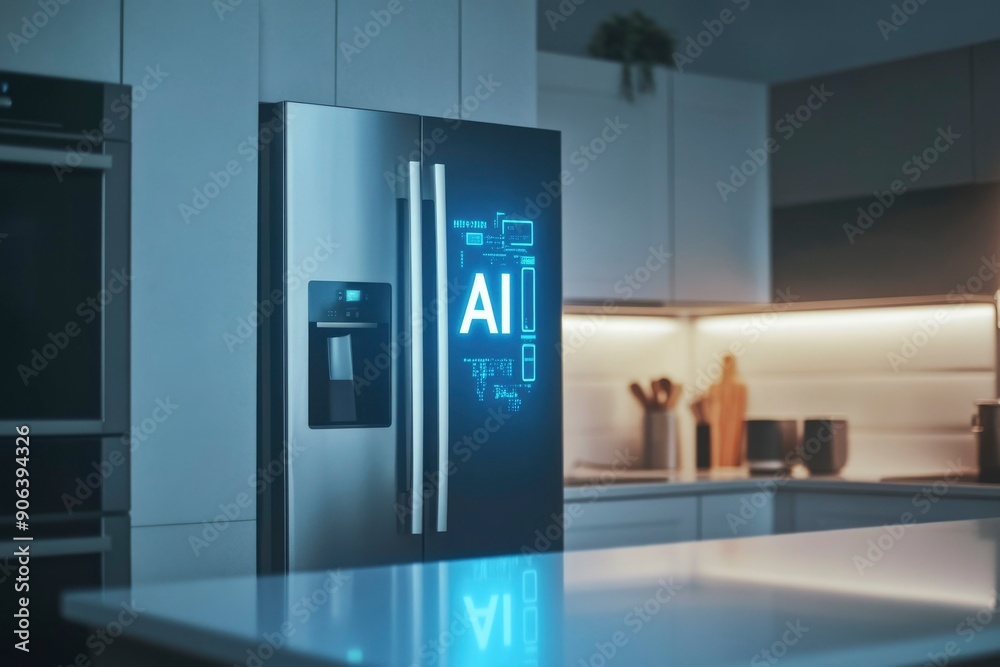 Modern Stainless Steel Refrigerator with AI Display in Kitchen Modern Stainless Steel Refrigerator with AI Display in Kitchen
