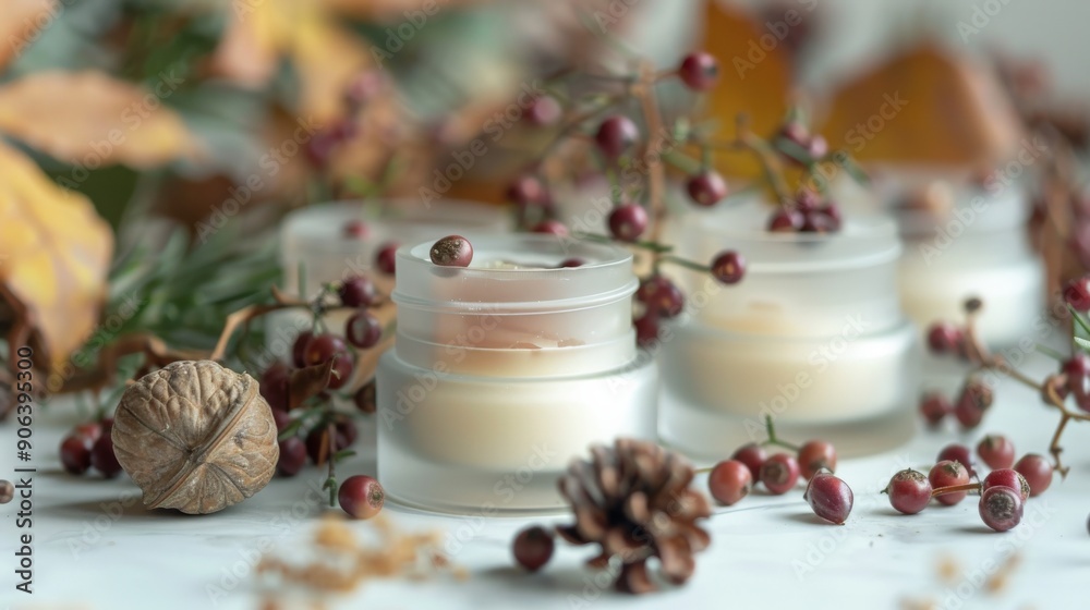 Small frosted glass jars filled with natural scents are displayed among colorful autumn foliage and berries, creating a seasonal arrangement Small frosted glass jars filled with natural scents are displayed among colorful autumn foliage and berries, creating a seasonal arrangement