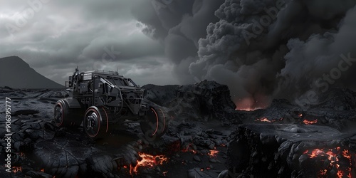 Futuristic Planetary Rover Navigates Volcanic Landscape with Lava and Steaming Vents