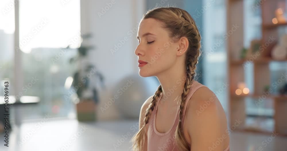 Yoga, meditation and woman in home breathe for wellness, health and mindfulness in living room. Pilates, morning routine and person on floor exercise, workout and meditate for calm, peace and zen