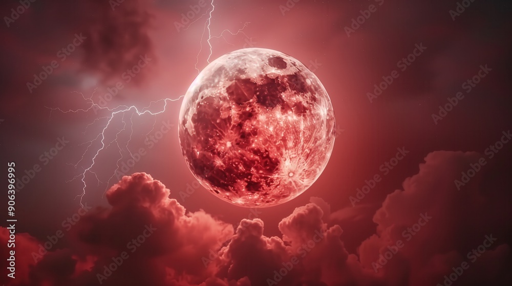 A captivating red moon illuminates the night sky, surrounded by dramatic clouds and striking lightning, creating an eerie atmosphere. A captivating red moon illuminates the night sky, surrounded by dramatic clouds and striking lightning, creating an eerie atmosphere.