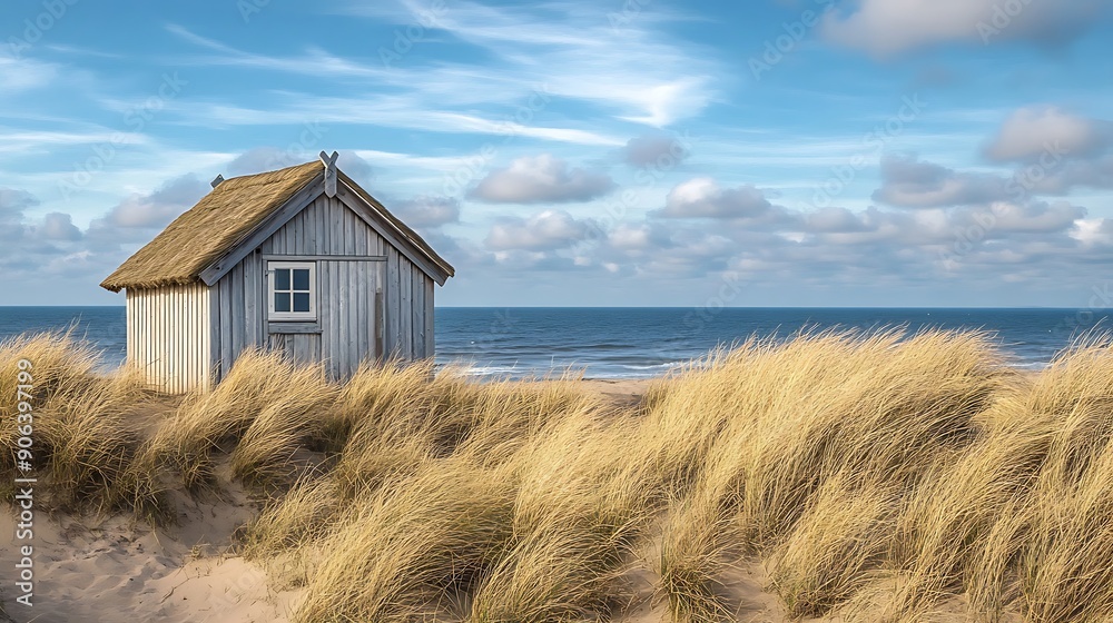 A rustic beach hut on a sand dune, with weathered wood and a thatched roof, overlooking the sea
A rustic beach hut on a sand dune, with weathered wood and a thatched roof, overlooking the sea