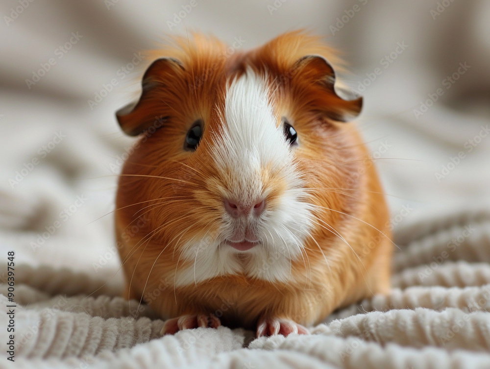 Adorable Guinea Pig Sitting Comfortably on Soft Blanket at Home Adorable Guinea Pig Sitting Comfortably on Soft Blanket at Home