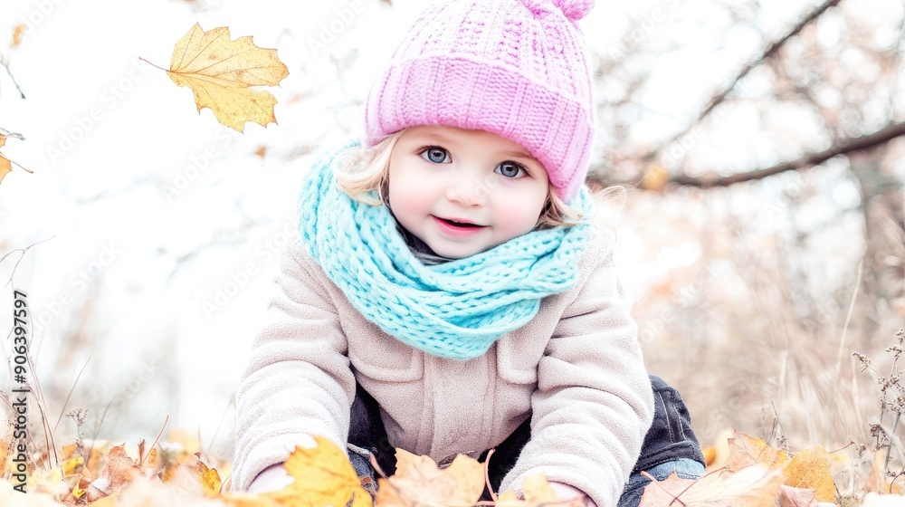 Young Child Playing in Autumn Leaves With Cozy Hat and Scarf Young Child Playing in Autumn Leaves With Cozy Hat and Scarf