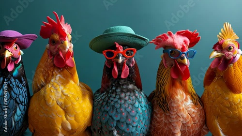 Stylish chickens in hats and glasses posing for a fun photo shoot