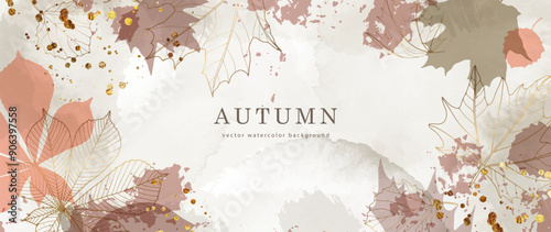 Autumn foliage in watercolor vector background. Abstract wallpaper design with maple, oak leaves, line art, branch. Botanical in fall season illustration suitable for fabric, prints, cover, wall art.