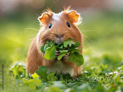 Cute Guinea Pig Enjoying Fresh Greens in a Sunny Garden During Springtime Morning