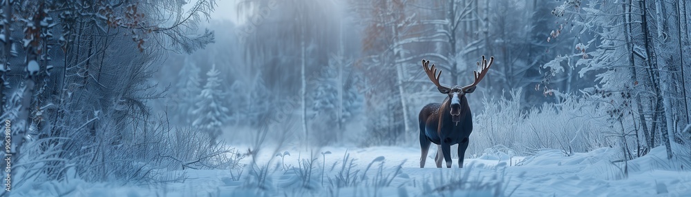 Obraz premium A majestic stag stands in a snowy forest, surrounded by serene winter scenery and soft falling snowflakes.