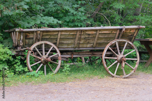 Rural transport in nature landscape. Old wooden cart.