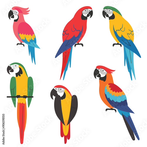 Six colorful parrots, various poses, tropical birds, illustrations. Brightly colored feathers, cartoon style, isolated white background. Parrots sitting, perching, vibrant plumage, nature theme