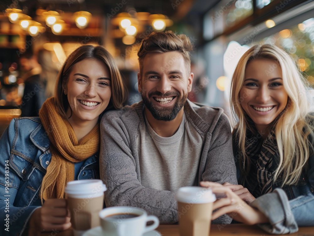 Friends Enjoying Warm Beverages Together in Cozy Café During Fall Afternoon Friends Enjoying Warm Beverages Together in Cozy Café During Fall Afternoon