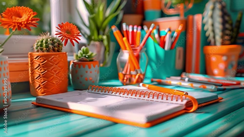 A desk with a planner open, pens, and small potted succulents in natural light.