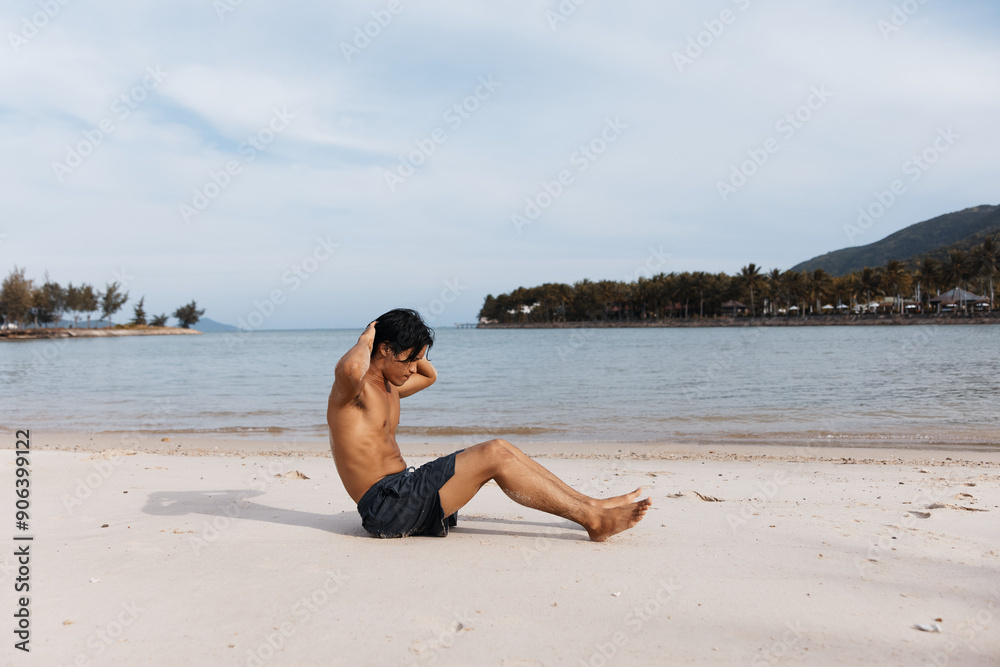 Muscular Asian Athlete Running on the Beach, Exuding Strength and Freedom against a Serene Ocean Sunset Muscular Asian Athlete Running on the Beach, Exuding Strength and Freedom against a Serene Ocean Sunset