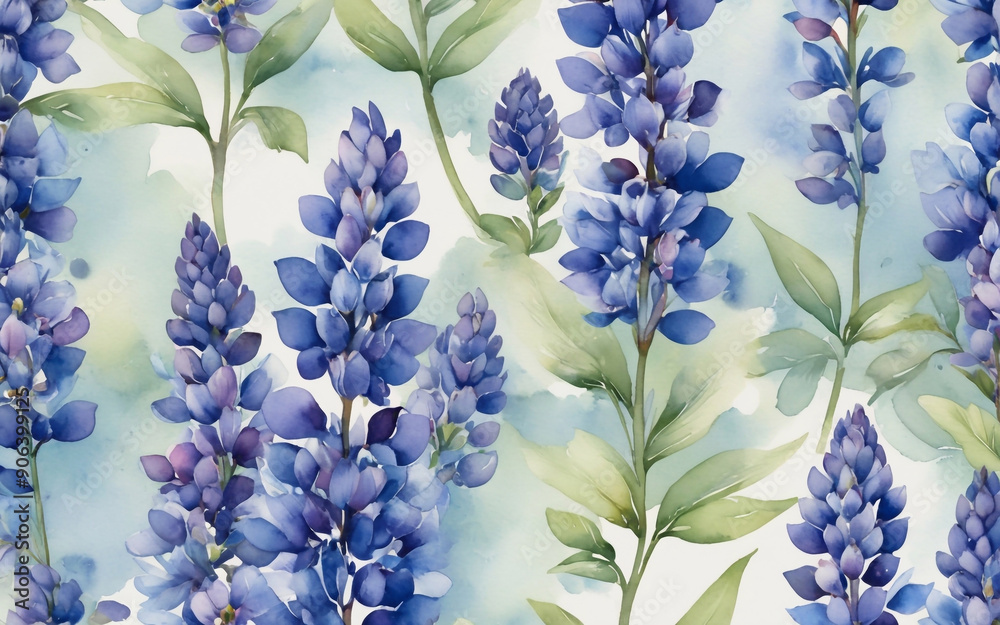 A watercolor pattern with a vibrant blue Lupine. It features intricate detailing and uses blue and white colors. The small floral pattern has a modern look A watercolor pattern with a vibrant blue Lupine. It features intricate detailing and uses blue and white colors. The small floral pattern has a modern look