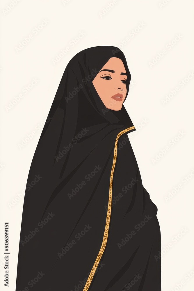 Minimalism illustration, a Qatari woman, wearing a traditional abaya in rich black with subtle gold detailing, traditional fashion, flat illustration on light ivory background Minimalism illustration, a Qatari woman, wearing a traditional abaya in rich black with subtle gold detailing, traditional fashion, flat illustration on light ivory background