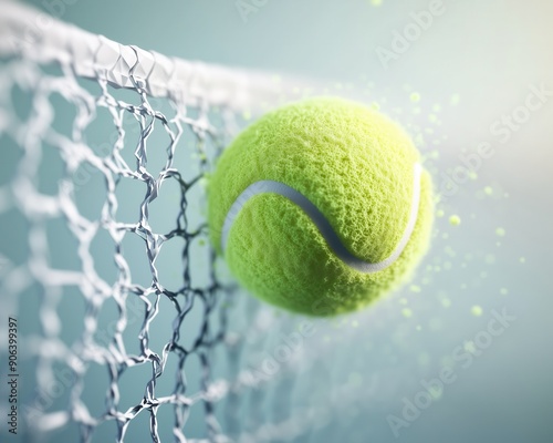 A vibrant green tennis ball colliding with a net, capturing the essence of sports and athleticism in motion. photo