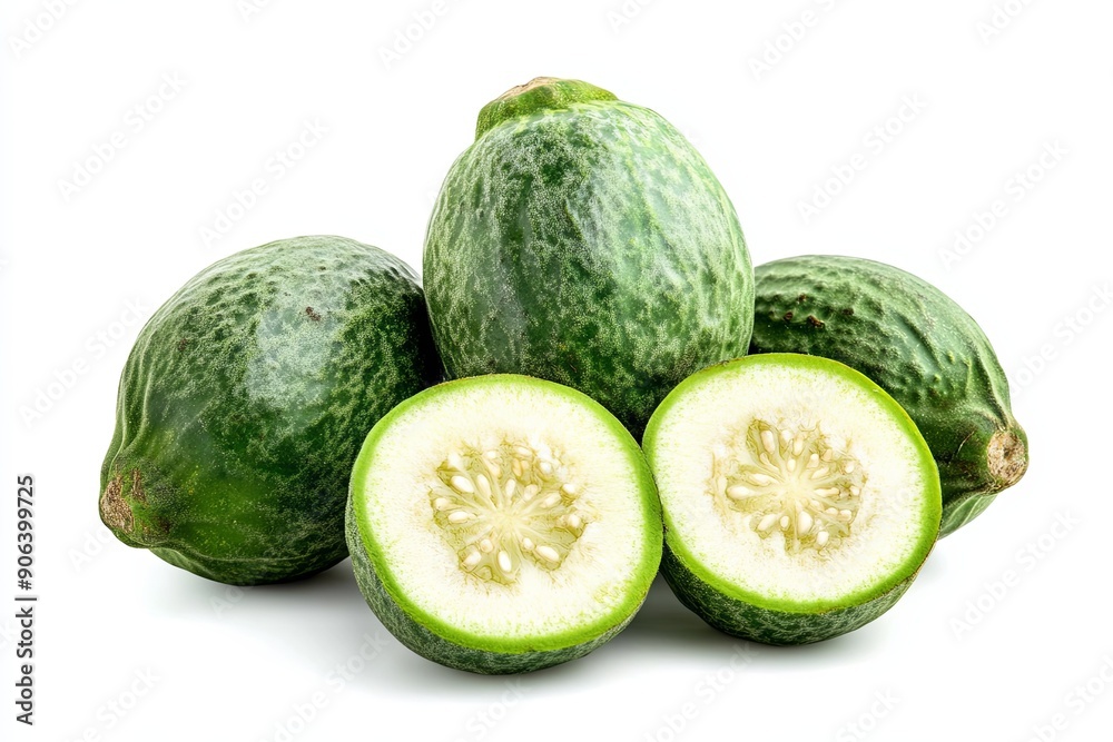 Fresh green cucumbers cut open displaying bright flesh and seed interior on white background Fresh green cucumbers cut open displaying bright flesh and seed interior on white background