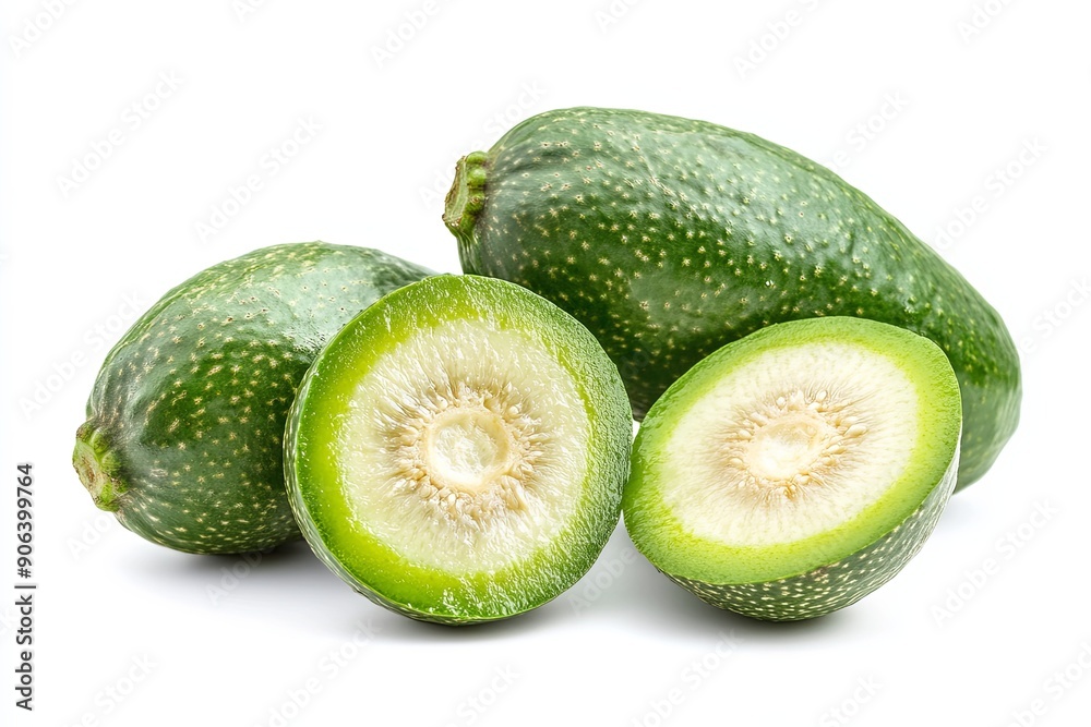 Fresh green avocados cut open displaying creamy interior on a white background Fresh green avocados cut open displaying creamy interior on a white background