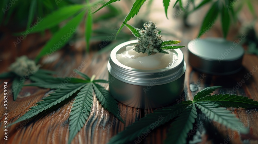 Cannabis and cosmetic concept features with set of CBD oil bottles, cream jar, and wooden bowl of hemp seeds. Legalized cannabis for skincare products Cannabis and cosmetic concept features with set of CBD oil bottles, cream jar, and wooden bowl of hemp seeds. Legalized cannabis for skincare products