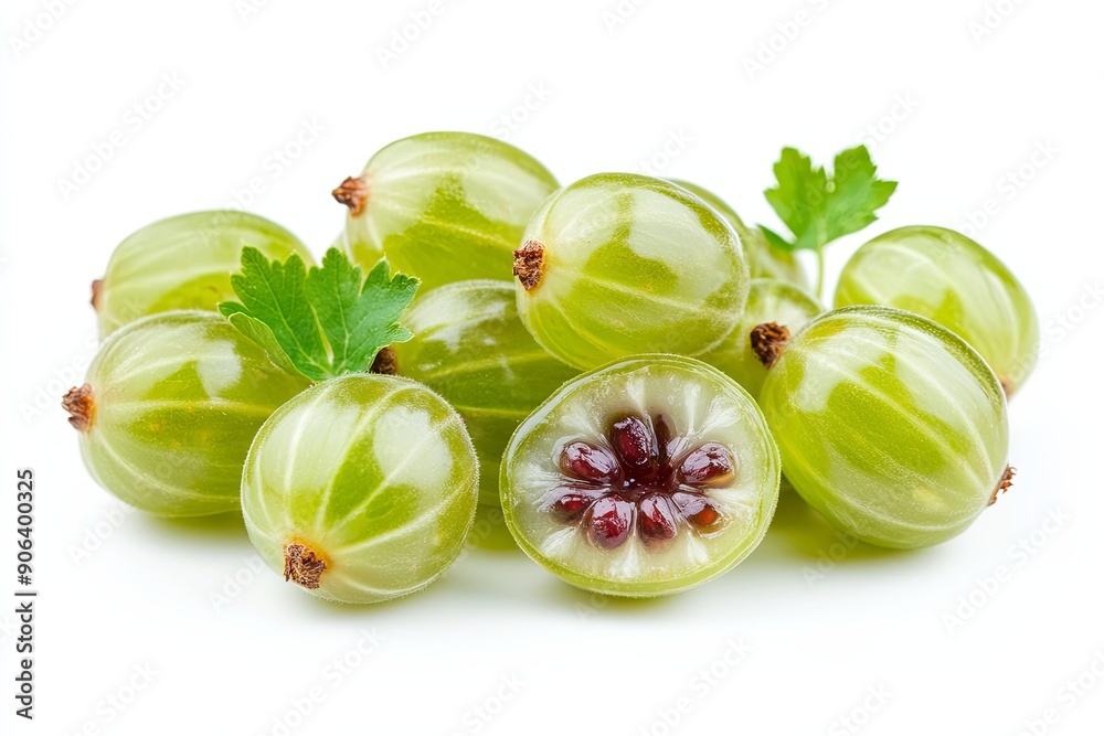 Fresh green gooseberries with bright green leaves on white background Fresh green gooseberries with bright green leaves on white background