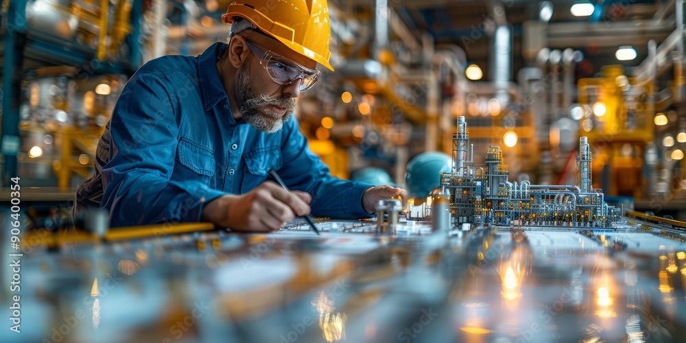 Engineer in a hard hat working on a detailed industrial plant model in a workshop Engineer in a hard hat working on a detailed industrial plant model in a workshop