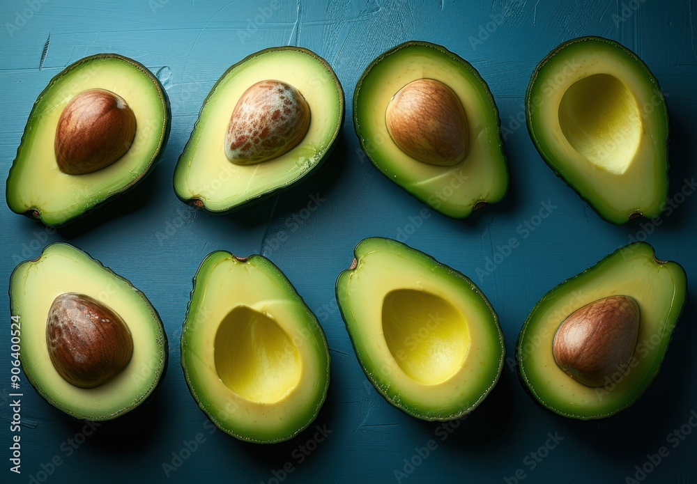 Halved Avocados on a Blue Background Halved Avocados on a Blue Background