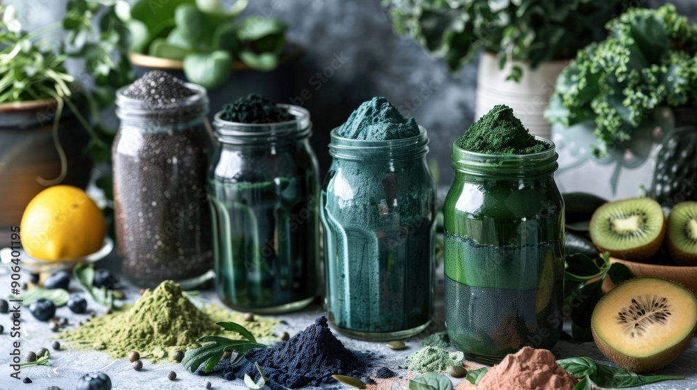 Frosted glass jars filled with vibrant natural powders sit on a table, surrounded by fresh fruits and greenery, creating a colorful and artistic arrangement Frosted glass jars filled with vibrant natural powders sit on a table, surrounded by fresh fruits and greenery, creating a colorful and artistic arrangement