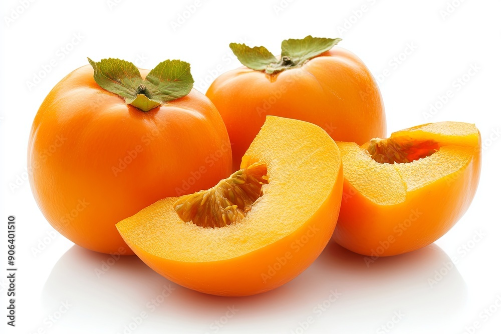Fresh persimmons arranged neatly with sliced fruit on a clean white background Fresh persimmons arranged neatly with sliced fruit on a clean white background