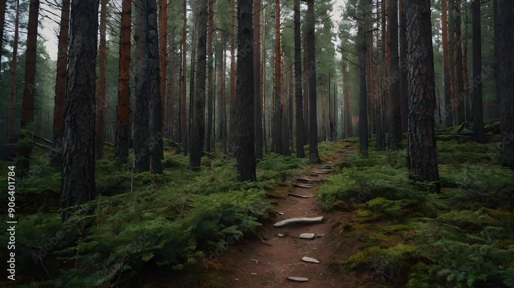 Fototapeta premium Portrait of a long mountain path leading through a pine forest