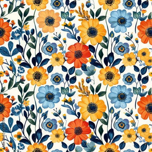 Seamless pattern with colorful flowers. Floral watercolor background.