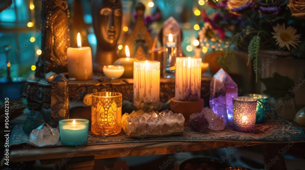 A beautifully arranged spiritual altar adorned with various candles, crystals, and sacred objects, creating a calming ambiance filled with light A beautifully arranged spiritual altar adorned with various candles, crystals, and sacred objects, creating a calming ambiance filled with light