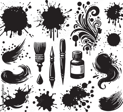 Ink splatter set, paint brush stroke kit, vector black grunge stain, graffiti texture liquid splash. Abstract dirty blob, messy shape drawing collection isolated on white,