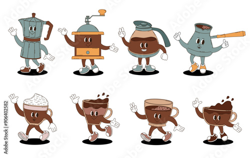 Retro groovy coffee characters set. 