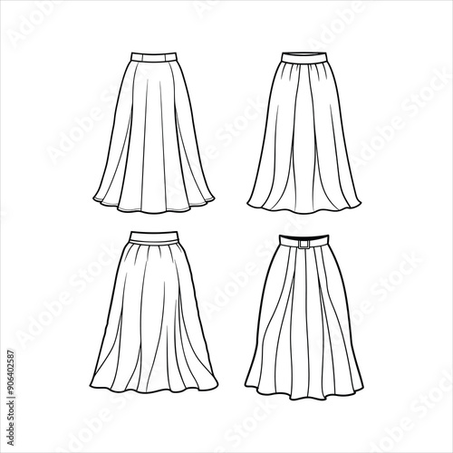 A flowy maxi skirt to color line art vector set