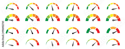 Risk meter icon set. Risk concept on speedometer. Set of gauges from low to high.  Vector illustration.