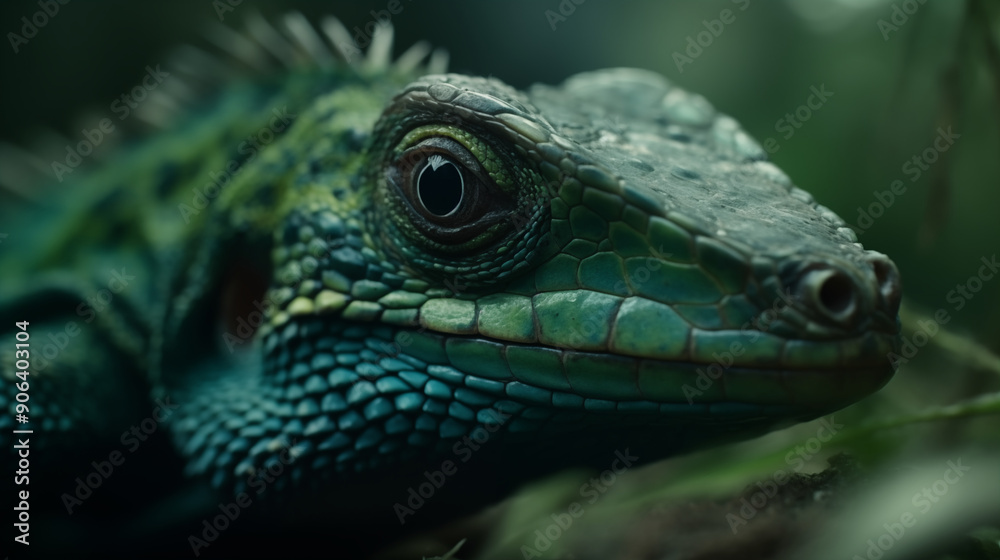 A macro shot of a green iguana. Completely green background A macro shot of a green iguana. Completely green background