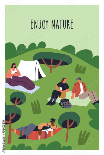 Camping poster design. People at campsite, nature background. Summer holiday ...