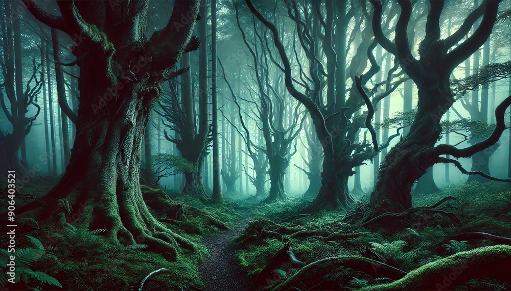 A mysterious and eerie forest. A mysterious and eerie forest.