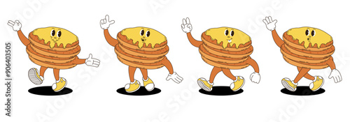 Retro groovy pancakes characters set.
