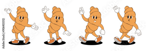 Retro groovy croissant characters set. 