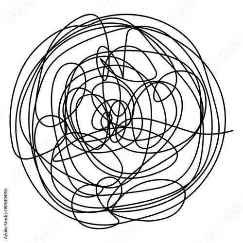 Coiled ball of thread. The end of the thread is loose. Tangled doodle. Sketch. Vector illustration. Hand drawn ball shape. Lines drawn with black pen. Outline on isolated background. Doodle style. 