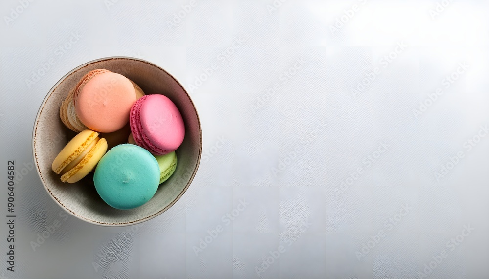 Top view colorful macarons in bowl on white background with copy space, Top view colorful macarons in bowl on white background with copy space,
