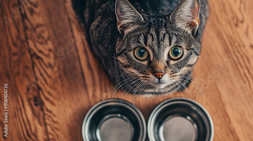 cat stands in front of the food bowl and looks up hungrily photo