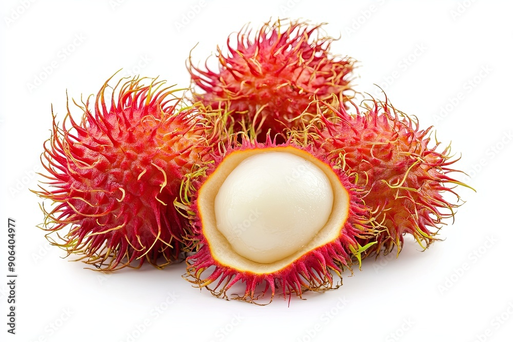 Freshly cut rambutan fruit displayed on a white background with bright red skin and juicy interior Freshly cut rambutan fruit displayed on a white background with bright red skin and juicy interior