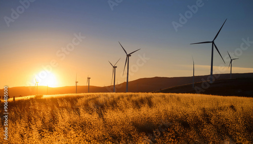 Renewable energy and sustainability, featuring symbols like wind turbines, solar panels, and green leaves symbolizing clean energy, environmental protection, and sustainable development.