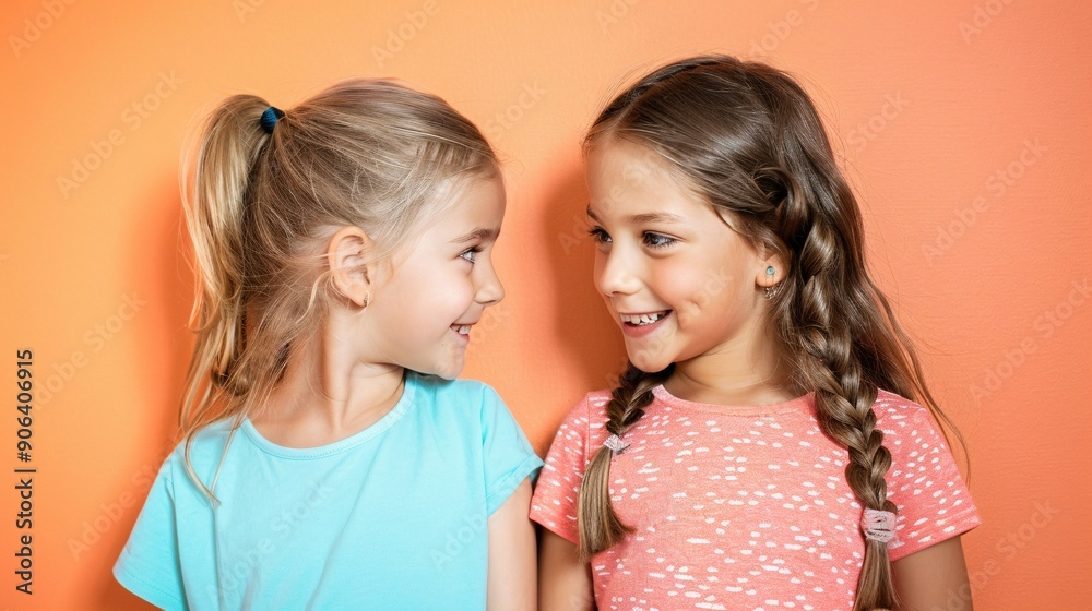 Ultra-clear photograph of two girls sharing a happy moment with a solid color background Ultra-clear photograph of two girls sharing a happy moment with a solid color background