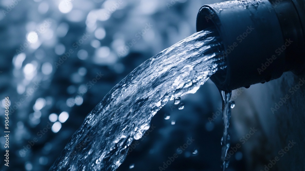 A close-up view of a damaged household water pipe with water splashing out A close-up view of a damaged household water pipe with water splashing out