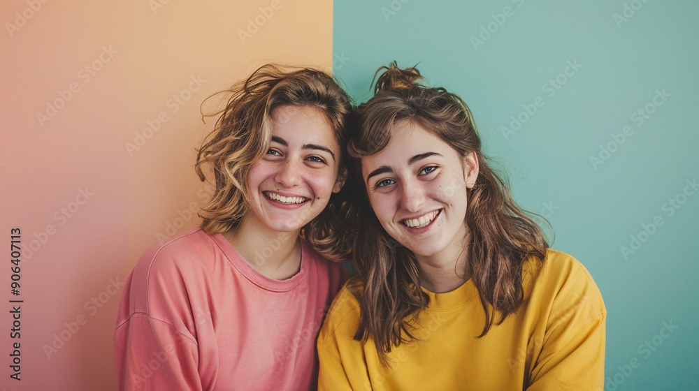 Two friends posing for a photograph with cheerful expressions, set against a solid color background Two friends posing for a photograph with cheerful expressions, set against a solid color background